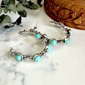 Turquoise Stone Rhinestone Hoop Earrings Silver Tone Western Boho Bling Gift NEW